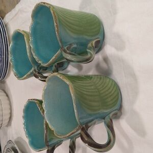 4 leaf mugs hand painted Italy Neiman Marcus aqua green coastal extra large